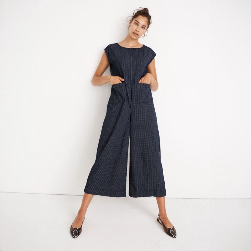 Madewell Navy Gingham Wide-Leg Jumpsuit